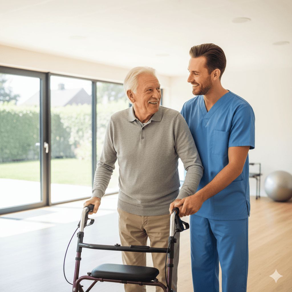 Care professionals supporting elderly person